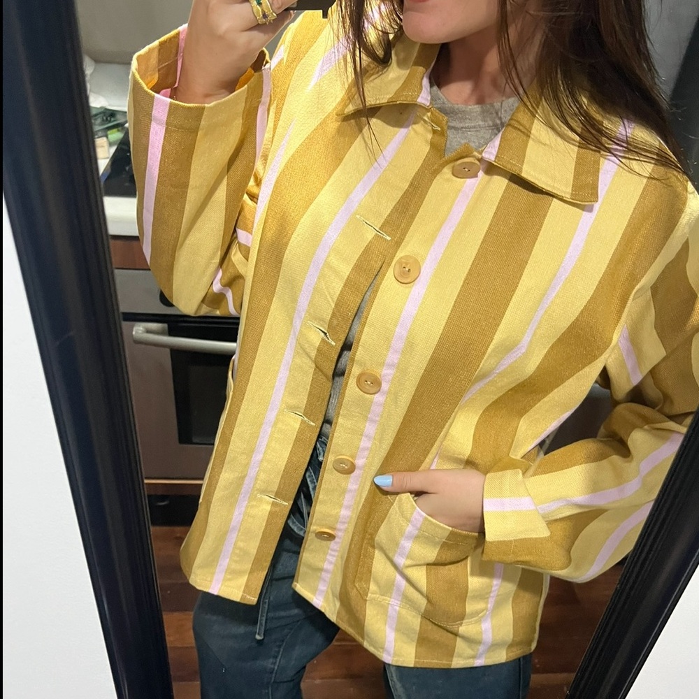 Lalla Striped Button-Up Shirt Jacket in Yellow & Pink